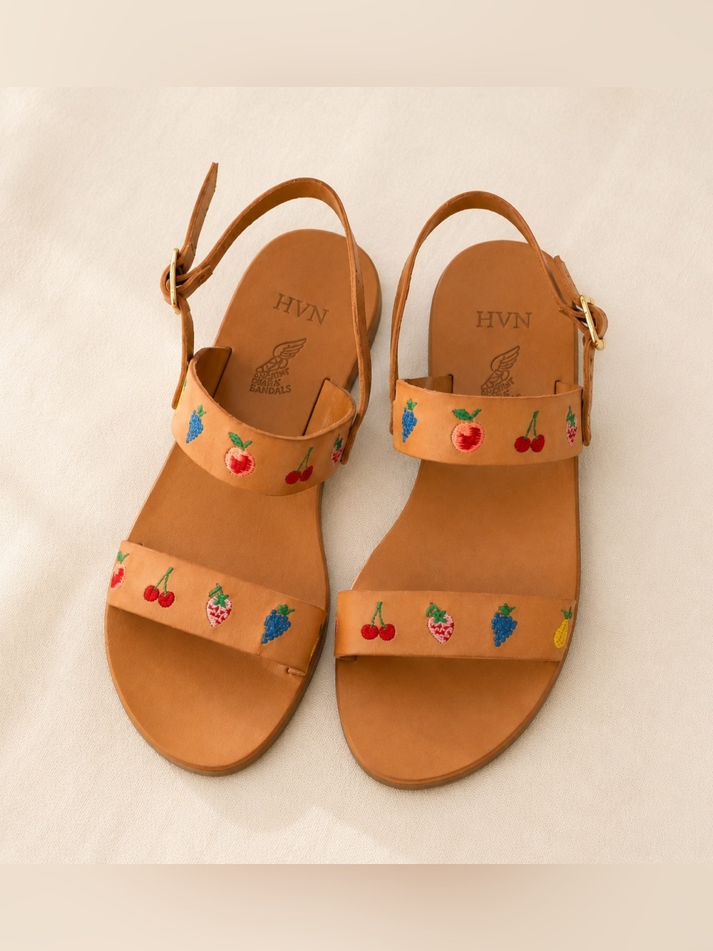 Ancient Greek Sandals x HVN Clio Fruit-Embroidered Sandals in Natural